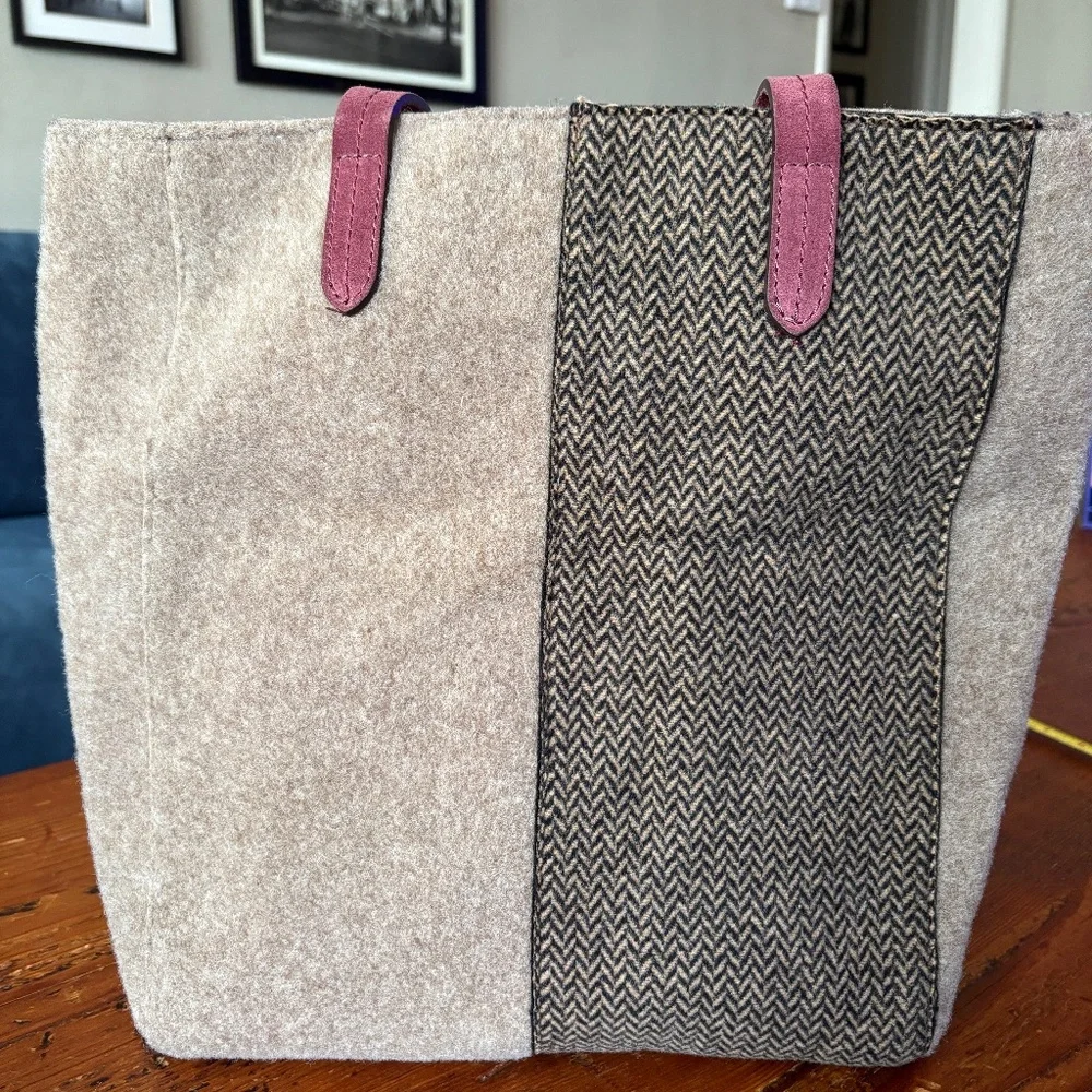 Frau Wool and Suede Tote Bag , Tan and Black Herringbone, Wine/Purple Italy